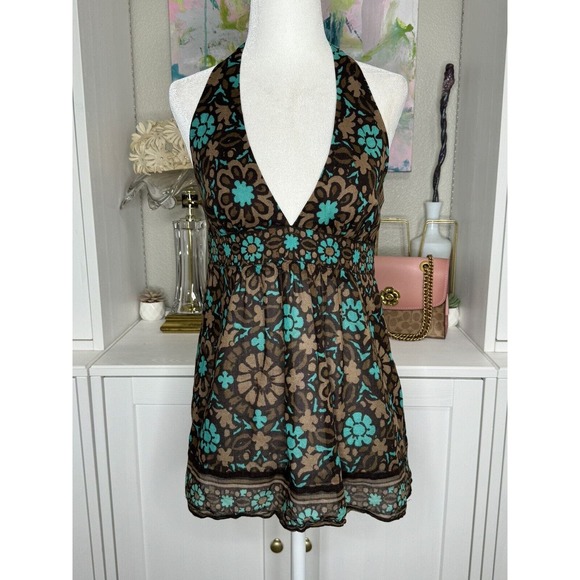 Trina Turk Halter Top Size 8 Cotton Side Zip Brown Teal Floral - Picture 2 of 10